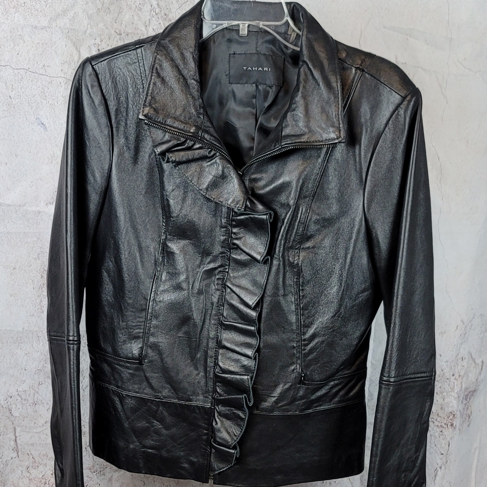 Tahari Leather Ruffle Jacket - Picture 15 of 15
